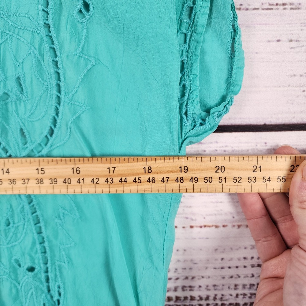Johnny Was Embroidered Eyelet Boho Top Shirt Size M Reg Turquoise Blue V-Neck - Picture 5 of 7